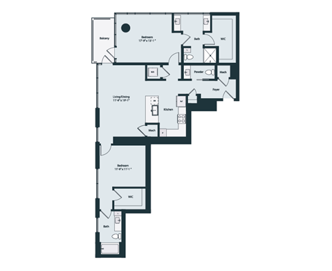 Floor plan for 2 beds, 2.5 baths, 1404 sqft
